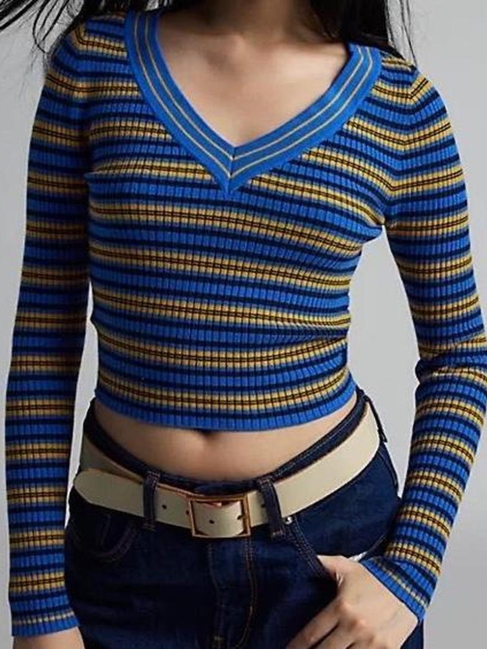 BDG Blue and Yellow Striped Ribbed V‑Neck Long Sleeve Top
